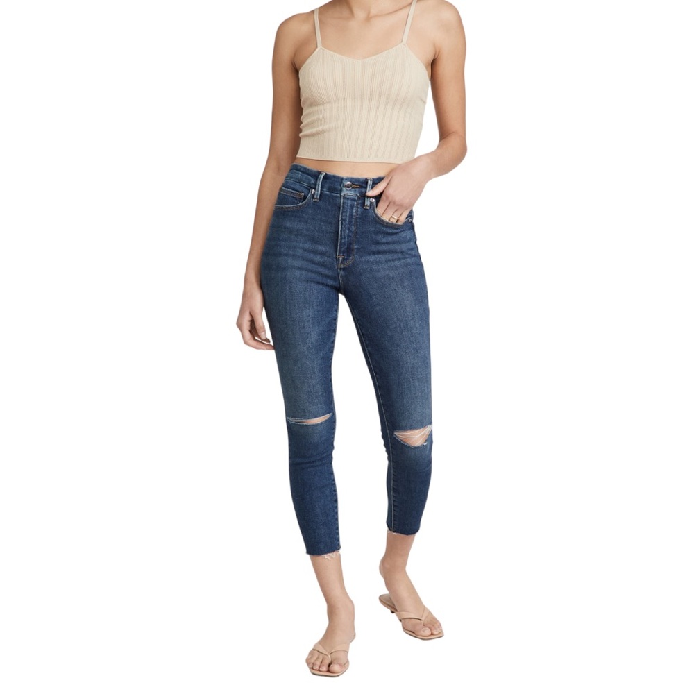 Good American Good Waist Cropped Raw Edge Skinny Jeans in Blue676 (00) - Picture 2 of 13